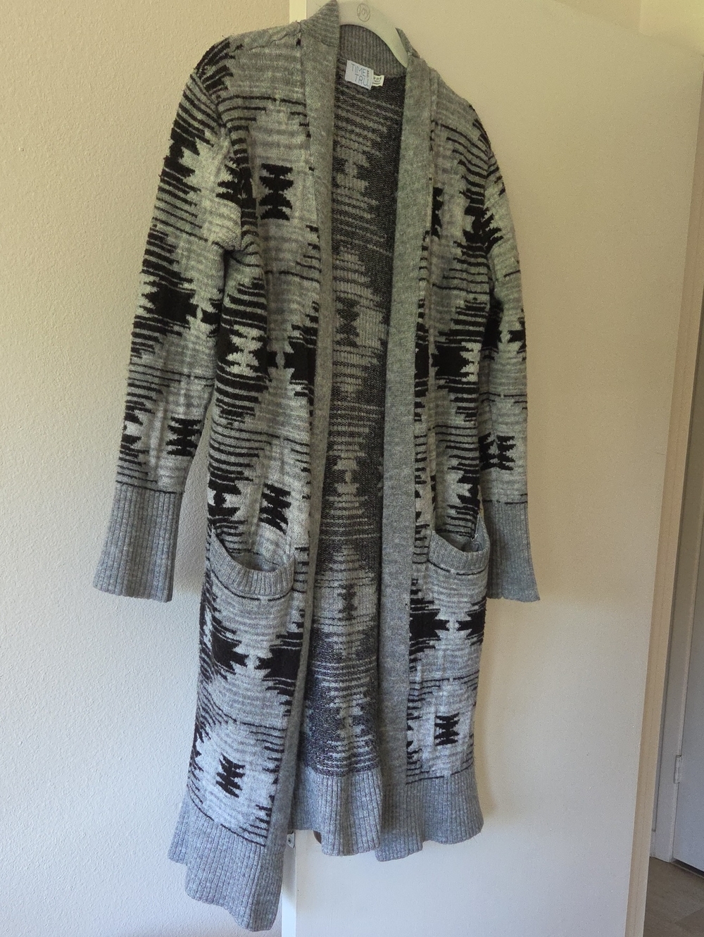 Time and Tru Gray and Black Aztec Open-Front Cardigan